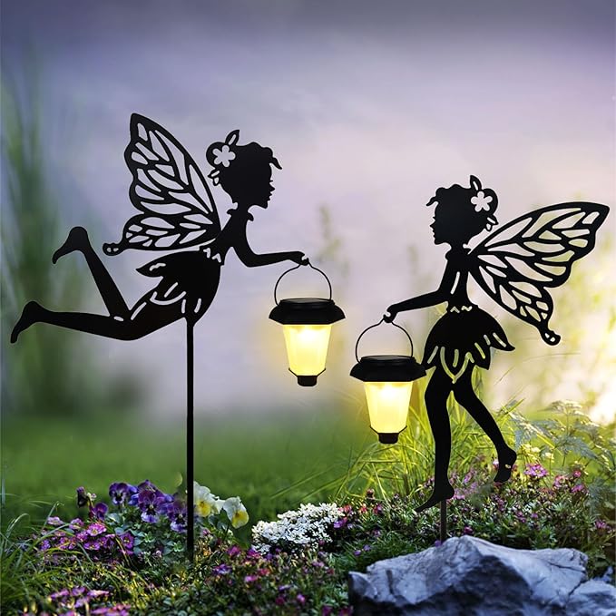 Solar Fairy Garden Stake Decorative Lantern 2 Pack Metal Fairy Angel Garden Silhouette Lights for Lawn Pathway Patio Yard Outdoor Decor