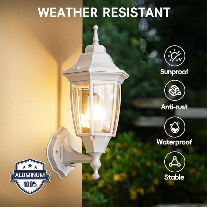 EMART Dusk to Dawn Outdoor Porch Light Exterior Anti-Corrosion Waterproof Aluminum &amp Glass Shades Wall Lamp Fixture Modern Sconce Lantern for Yard House Garage - 1 Pack White （Bulb Included）