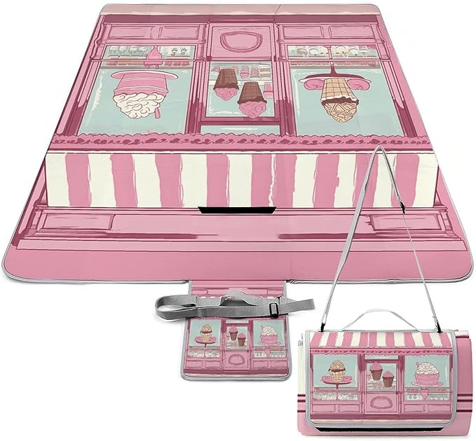 Ice Cream Store Pink Beach BlanketPortable Waterproof Picnic Blanket58.3''x 58.3'' Extra Large Picnic Mat for BeachCamping Grass Lawn Park Accessorie for Festival BBQ
