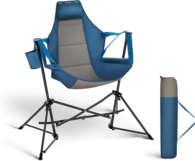 ALPHA CAMP Hammock Folding Rocking Chair with Cup Drink Holder High Back Padded Swinging Chair for OutdoorCamping LawnBackyardPicnic Steel Heavy Duty Portable Oversized(Blue)