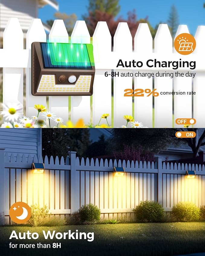 12 Pack Solar Fence Lights Waterproof Motion Sensor Deck Lights Outdoor Cold White LED Outside Lamp Wireless for Wall Yard Steps Stairs Garden - Brown