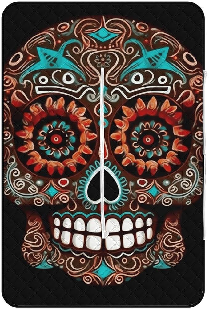 Zipper Sugar Skulls Day of The Dead Style Picnic Mat Suitable for Travel Camping Park Or Home Use