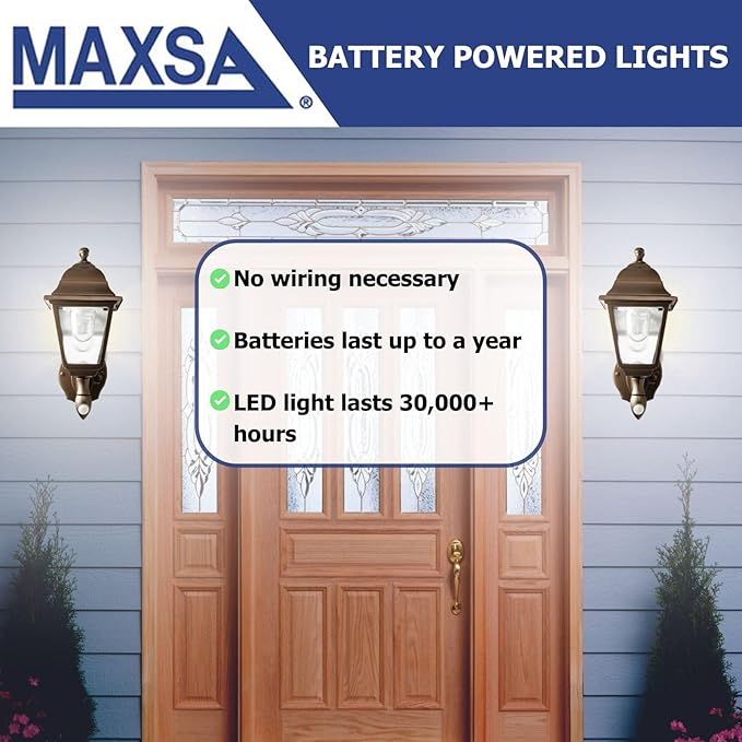 Maxsa 46219 Premium Battery-Powered Motion-Activated Decorative Outdoor Cool White LED Wall Sconce Lighting Fixture Metal Housing Dark Copper