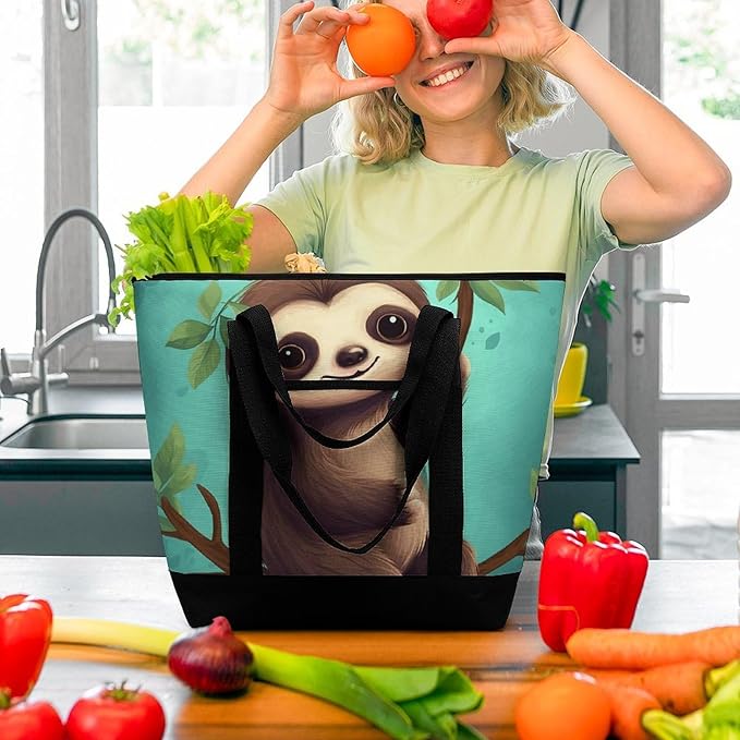 Insulated Shopping BagLarge Reusable Cooler Bags Cute Sloth Printed Foldable Shopping BagTravel Waterproof Shoulder Bag