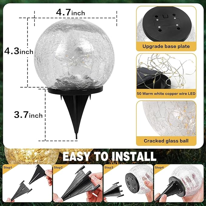 Solar Garden Lights Outdoor Waterproof 4 Pack Cracked Glass Ball Light Ground Landscape Garden Decor Solar Globe Decorative for Pathway/Patio/Lawn/Yard (Multicolor 4.7)
