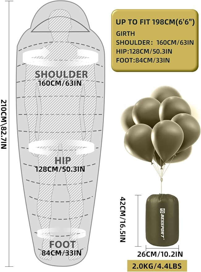 Bessport Mummy Sleeping Bag | 15-45 ℉ Extreme 3-4 Season Sleeping Bag for Adults Cold Weather– Warm and Washable for Hiking Traveling &amp Outdoor Activities