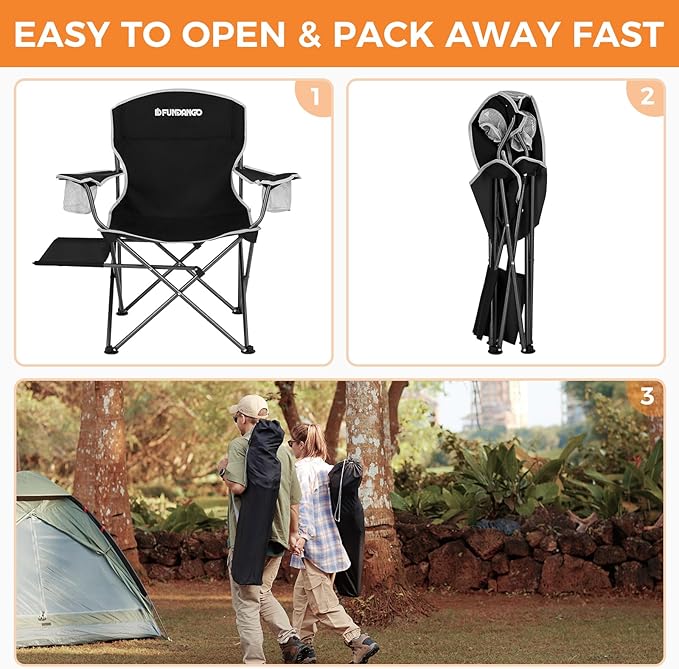 FUNDANGO Folding Padded Camping Chair Portable Outdoor Full Back Lawn Arm Chair with Side Table Cup Holder Side Pocket for Garden Picnic BBQ with Carry Bag Support 300LBS