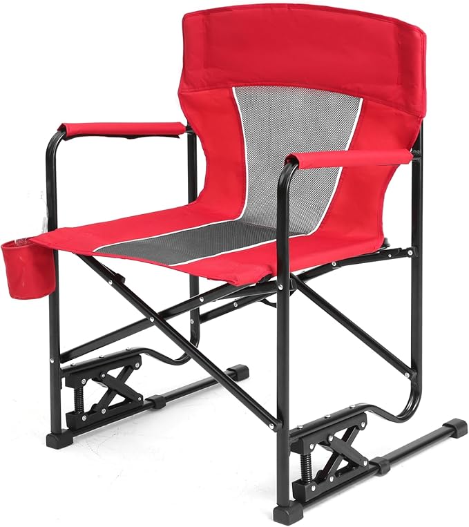 Outdoor Freestyle Rocker Camping Chair Portable Folding Rocking Chair with Solid Armrests Drink Holder Comfortable Backrest Red