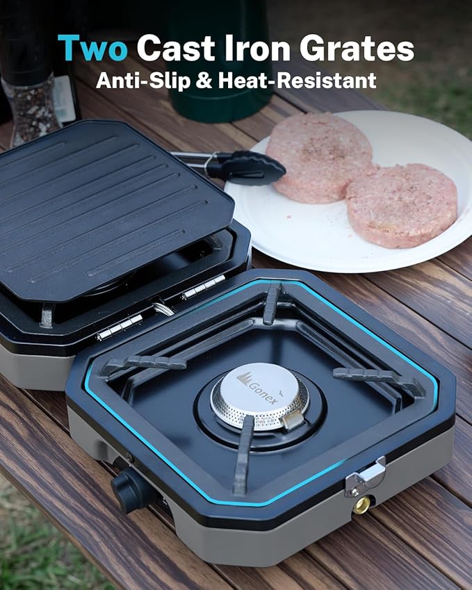 Gonex 2 Burner Propane Camping Stove with Griddle &amp Grates Portable Foldable Cooking Stove with Total 16000 BTU Two Piezo Ignition Adjustable Burners for Camping Patio Emergency Hiking (Grey