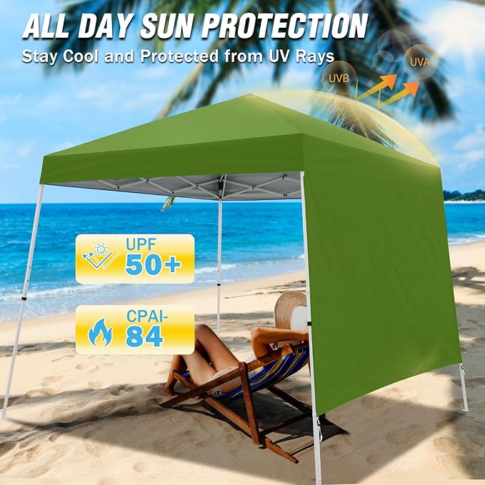 EAGLE PEAK 10x10 Pop Up Canopy Tent with Sidewall Compact Portable Slant Leg Instant Sun Shelter for Beach Sports &amp Camping 10x10 Base 8x8 Top Green