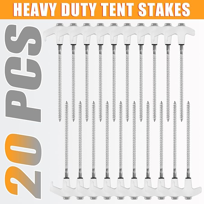 20 Pcs 8 Heavy Duty Drill Tent Stakes with Storage Bag Glow-in-The-Dark Ground Anchor Peg Metal Threaded Screw-in Tent Stake for Camping Swing Canopies with 1 Hex Nut Driver Peg Puller