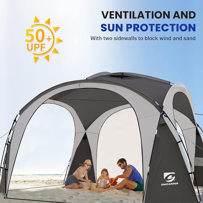 Beach Tent 12 X 12ft Large UPF50+ Pop Up Canopy with 2-Pcs Side Wall Sun Shelter Rainproof Waterproof for Camping Trips Backyard Fun Fishing Parties Or Picnics(Gary)