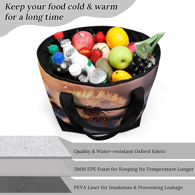 Insulated Shopping BagLarge Reusable Cooler Bags Dandelion Flower Printed Foldable Shopping BagTravel Waterproof Shoulder Bag