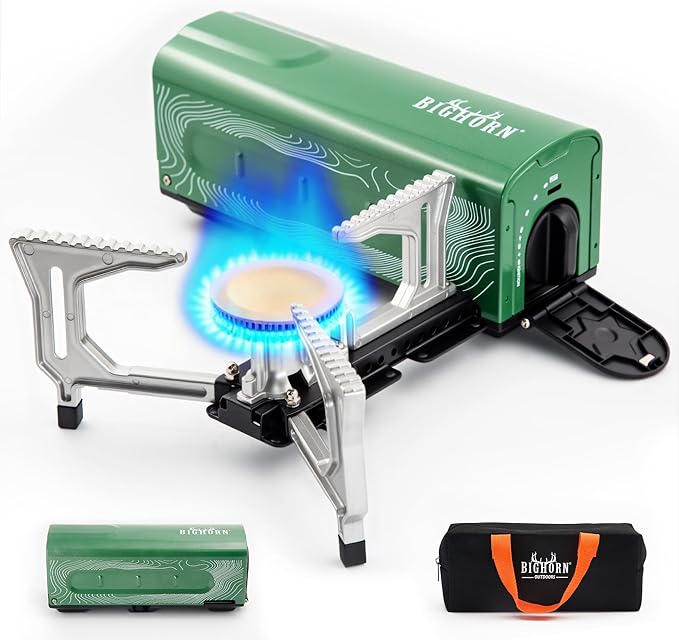 BIG HORN OUTDOORS Butane Camping Stove Portable Folding Gas Burner with Carry Bag for Camping Emergency Use and Outdoor Cooking