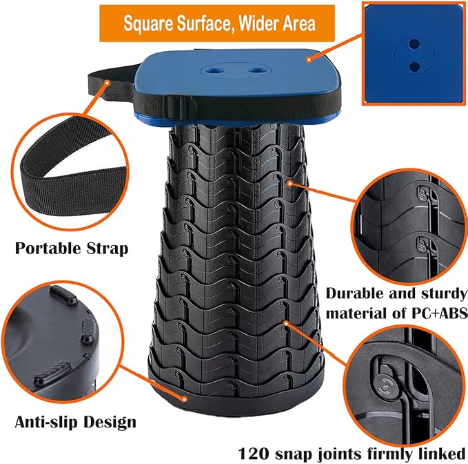 Collapsible Camping Stool with Seat Cushion &amp Nylon Bag Square Portable Telescopic Stool Lightweight Sturdy Foldable Stool for Camp Fishing Picnic Max Load 550 lb