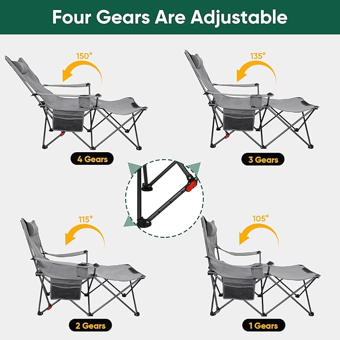 Northroad Foldable Camping Chair w/Foot Rest Outdoor 6 Legged Beach Chair w/Footrest Adjustable 90°- 135° Reclining Lounge Chair w/Detachable Pillow Cup Holder &amp Carry Bag