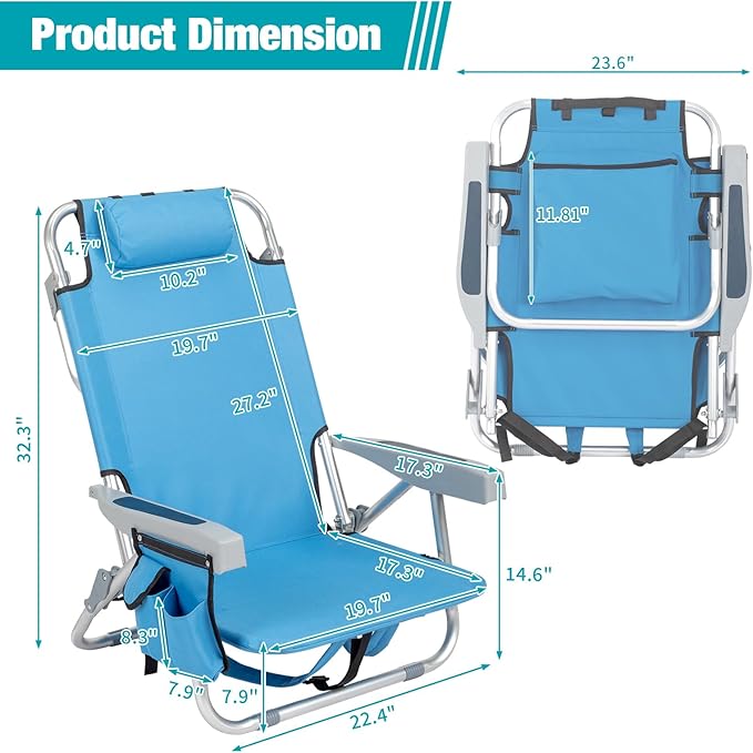 5-Position Folding Low Backpack Beach Chair with Headrest &amp Cup Holder - Portable Aluminum Reclining Camping Chair with Storage Bags Adjustable Recline - Lightweight &amp Compact (Low Blue)