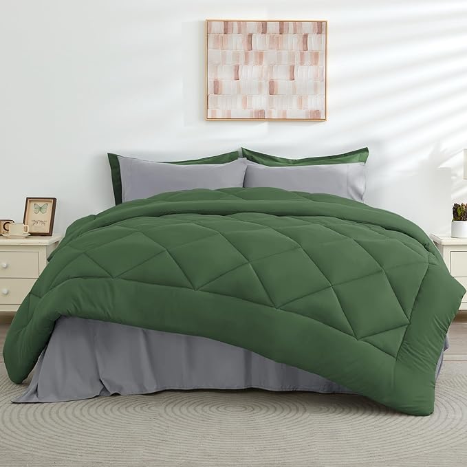 HEVUMYI Queen Comforter Set - 7-Piece All Season Bed in a Bag Queen Ultra Soft Bedding Set with Comforter Flat Sheet Fitted Sheet Pillowcases Pillow Shams Green &amp Light Grey