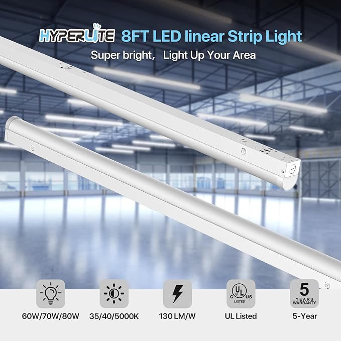 HYPERLITE 80W LED Linear Strip Light 8FT60/70/80W Linear Strip Lights Fixture 3500K/4000K/5000K CCT Selectable 1-10V Dimmable UL Listed 130lm/w Commercial LED Shop Light for Warehouse 2P