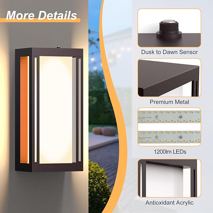 Dusk to Dawn Outdoor Wall Sconce 3000K LED Outdoor Wall Lights Fixture for Patio Waterproof Wall Mount Outside Light 14.5in Bronze Outdoor Lanterns for Porch Door 1 Pack