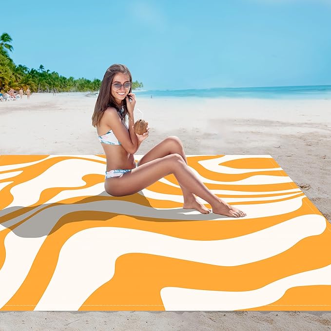 Yellow Beach Blanket Sand Free Waterproof Outdoor Beach Mat with 4 Stakes &amp Pockets 78''×86'' Large Sandproof Foldable Picnic Blanket with Portable Bag for Camping Travel Hiking