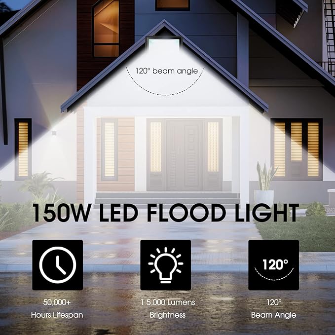 150W LED Flood Light Outdoor2 Pack 15500LM Super Bright Security LightIP66 Waterproof Floodlight5000K Daylight White LED Exterior for Basketball Court Stadium Playground