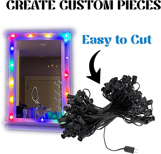 Holiday Lighting Outlet C7 Christmas Light String Patio and Event Lighting Black Cord 12 Socket Spacing SPT-1 (100')