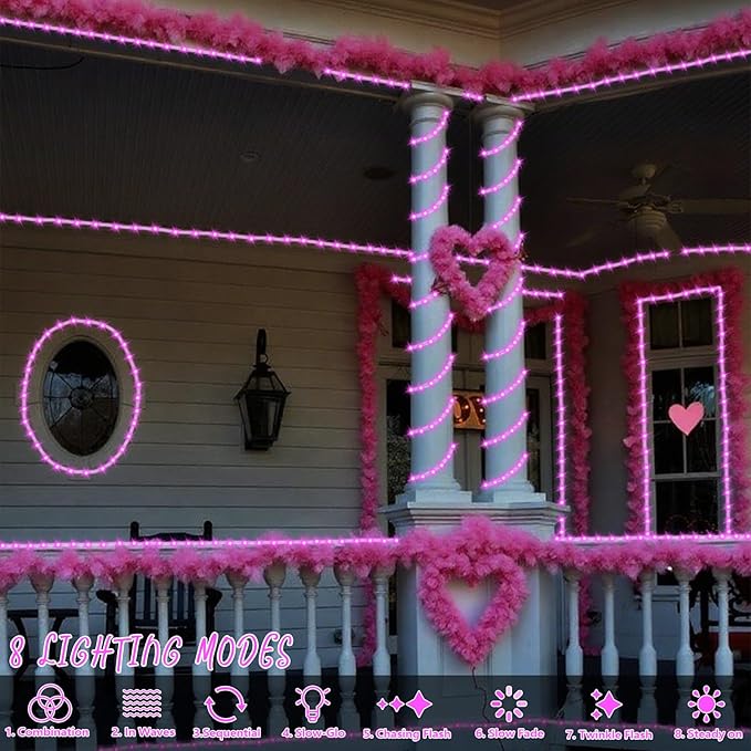 YEGUO Solar Valentine’s Day Light Outdoor Waterproof 66ft 200 LED Pink Rope Lights 8 Modes Tube Christmas String Lights in Clear Thin Tube