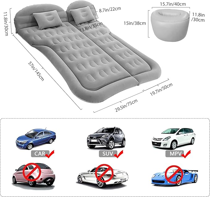 ISWEES Car Bed SUV Air Mattress Car Air Mattress with Home Power Adapter Electric Pump 2 Inflatable Pillows and 2 Footrests for Back Seat Side SeatTrunk Sleeping Thickened Camping Bed - Grey