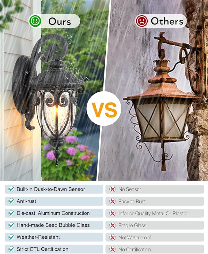 VIANIS Outdoor Lights for House Dusk to Dawn Black Porch Lights Waterproof Outdoor Light Fixture with Seed Glass Exterior Lighting Fixtures for House Doorway PorchGarage