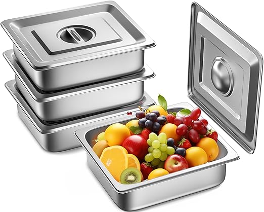 4 Pack Hotel Pans with Lids 1/2 Size 4 Deep Steam Table Pans Stainless Steel Food Pans 22 Gauge Anti Jam 12.8 L x 10.4 W Commercial Food Storage Containers