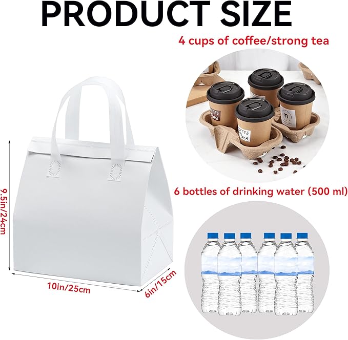 100 Pcs Insulated Take Away Bags Disposable Lunch Bags For Food Takeaways Coffee Milk Tea Seafood Pizza For Restaurants And Grocery Shops 9.5 x 6 x 10 In (white)