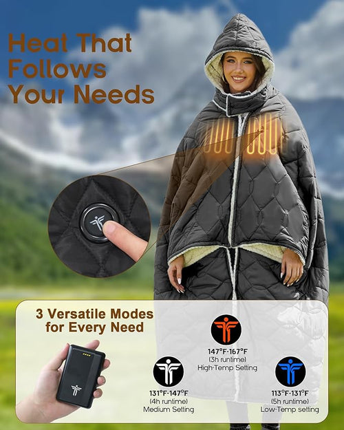 12V Battery Powered Heated Camping Blanket with Detachable Hood Heated Cordless Blanket with 15000 mAh Battery Wearable Car Blanket (Black)