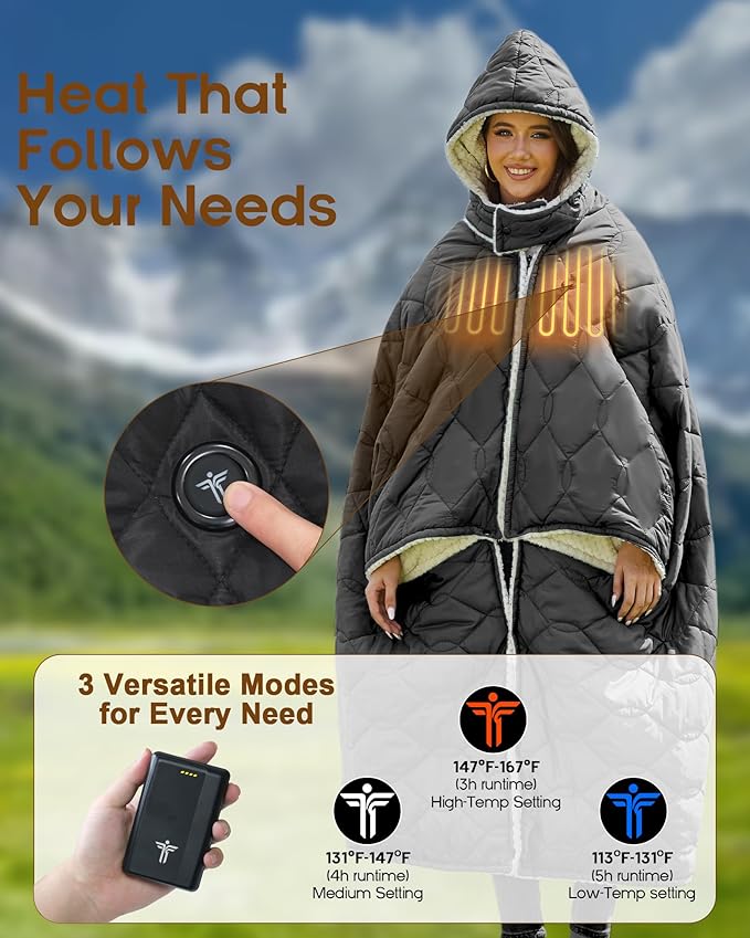 Heated Blanket Battery Operated with Detachable Hood for Camping 12V Cordless Wearable Blanket with 15000mAh Battery Camping Blanket Throw Shawl Indoor Outside(Black)