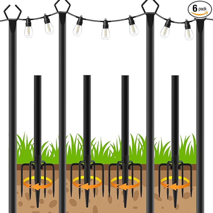 4 Pack String Light Poles Outdoor String Light Pole 10ft Forked Metal Light Pole with Adjustable Outdoor Light Stand Deck Backyard Garden Wedding Rustproof and Sturdy with Hooks