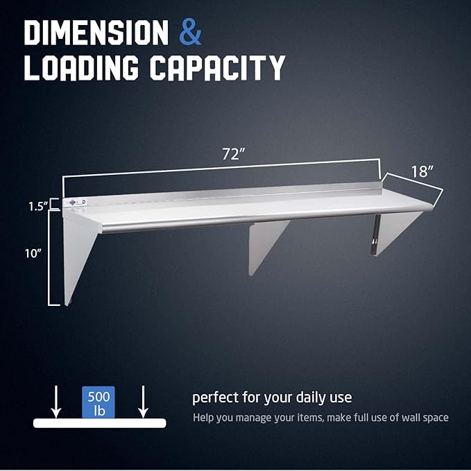 Profeeshaw NSF Stainless Steel Shelf 18” x 72” 500 lb Commercial Shelves Wall Mounted Metal Shelving with Backsplash and 2 Brackets for Restaurant Bar Utility Room Kitchen and Garage