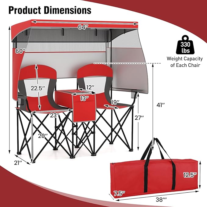 S AFSTAR Camping Chair with Canopy 2-Person Folding Beach Chair with Cup Holders 3-Side Shading Curtains &amp Cooler Bag Foldable Loveseat Lawn Chair for Camping Outdoor &amp Fishing (Red)