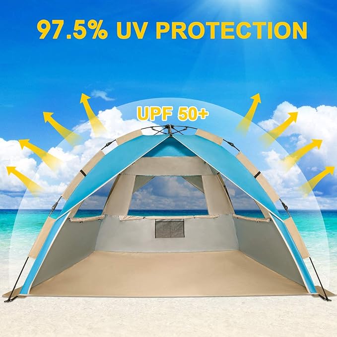G4Free Deluxe XL Pop Up Beach Tent 3-4 Persons Easy Setup Sun Shelter Canopy with UPF 50+ UV Protection Extral Wide 70.9 in