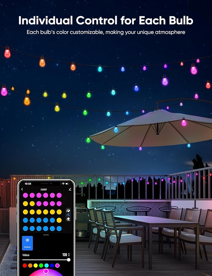APPECK Outdoor String Lights 150ft Smart RGBW Outdoor Patio Lights with 45 LED Bulbs Extendable 111 Scene Modes IP65 Waterproof Lighting for Outside Dimmable Warm White Compatible with Alexa