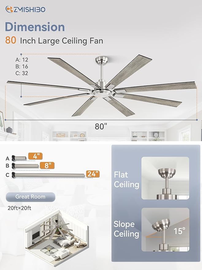 80 Inch Ceiling Fan No Light with Remote Control 8 Blades Quiet DC Reversible Motor 6-Speed Timer Brushed Nickel Finish Indoor Outdoor Ceiling Fans for Patios Living Room Garage