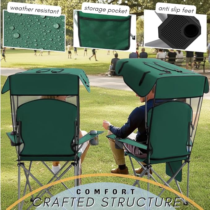 Portable Folding Camping Chairs with Canopy Shade Beach Chair for Adults Durable Weather Resistant 600D Oxford Cloth Camping Chair with Canopy for Outdoors [Green]