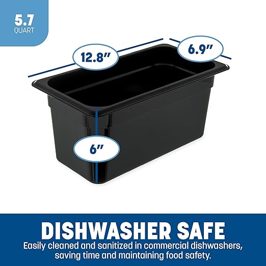 Carlisle FoodService Products StorPlus High Heat Food Pan 1/3 Size 6 Inches Deep Black 5 Litre Capacity Plastic No Lid