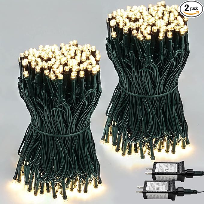 2-Pack 66FT 200 LED Christmas Lights 13 Modes Extendable Christmas Tree Lights with Timer &amp Memory Waterproof Twinkle Fairy Lights Green Wire Outdoor String Lights Indoor for Xmas Tree (Warm Whi