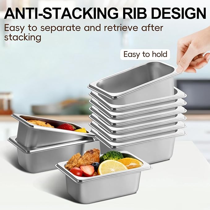 GOLDEN KEY 10 Pcs Stainless Steel Steam Table Pans1/9 Size x 2.5 Inch Commercial Food PansStackable Commercial Anti-Jam Hotel PansCatering Storage Metal Food Pan for Home Restaurant Buffet