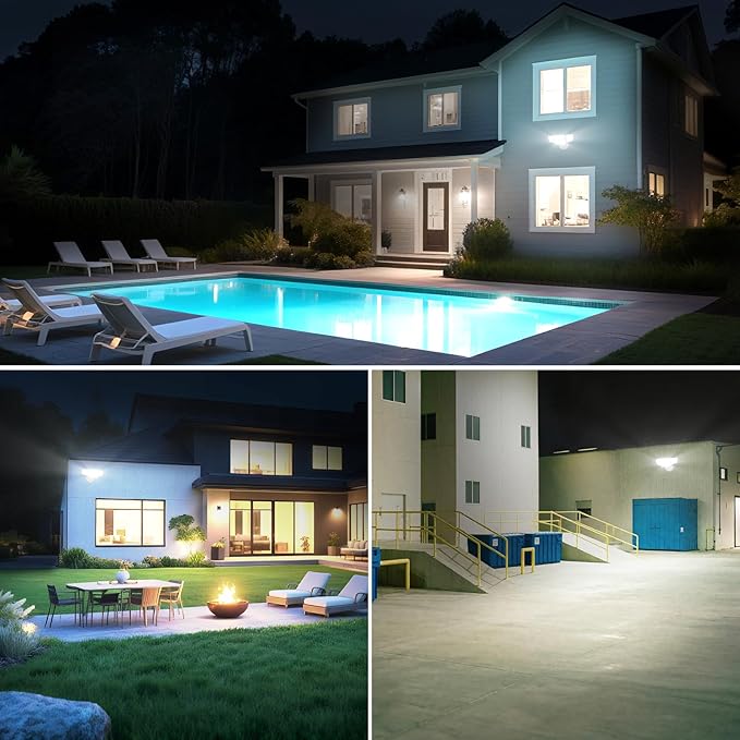 90W 10000LM Flood Lights Outdoor LED Security Lights with 4 Heads Switch Controlled 6500K Daylight IP65 Waterproof Exterior Floodlight for Outside Garage Yard Porch Eave