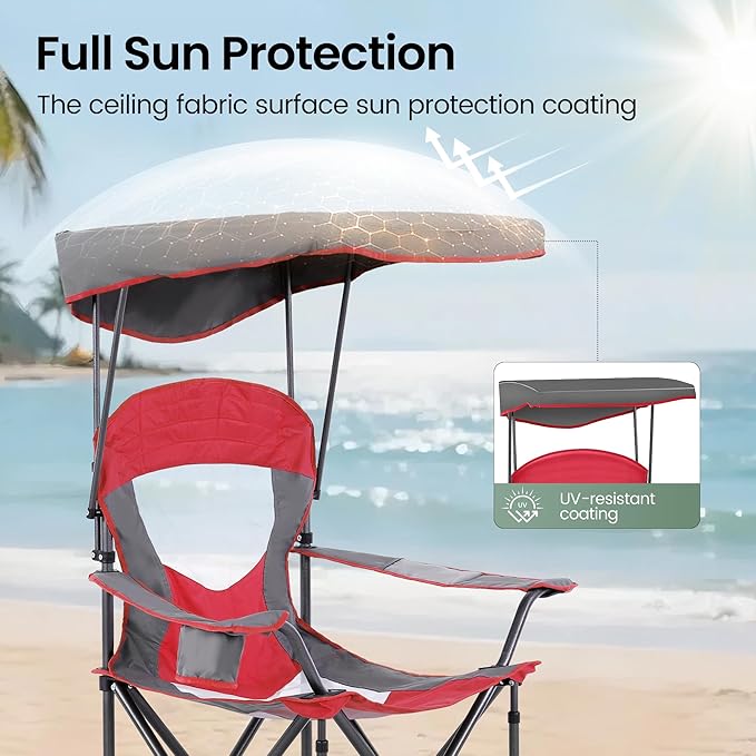 HIGH POINT SPORTS Camping Chairs with Shade Heavy Duty Canopy Lounge Chair Sunshade Hiking Travel Chair with Cup Holder for Outdoor Camping Beach and Patio Red
