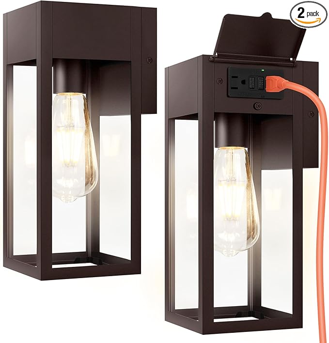 2 Pack Porch Lights Outdoor Wall Sconce Outdoor Light with GFCI Outlet Waterproof Exterior Wall Lantern Light Fixtures Anti-Rust Wall Lamp for Patio Doorway Garage- Oil Rubbed Bronze
