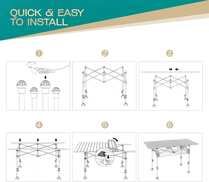 Height Adjustable Camping Table Tall Large Outdoor Folding Camping Table with Wide-Base Anti-Sink Legs &amp Carry Bag for Camping BBQ Beach Backyard (Beige)