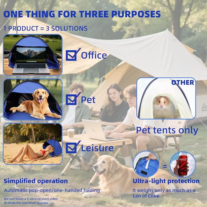 Dog and Cat Outdoor Waterproof Tent House Portable Mini Beach Tent Instant Pop Up Canopy for Pets Laptops &amp Outdoor Shade (Blue)