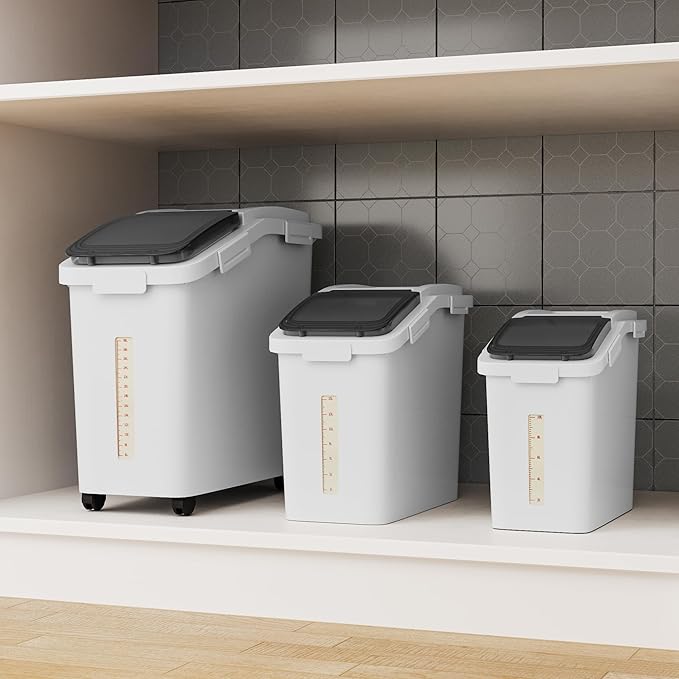 DWVO Large Ingredient Storage Bins 20.6 Gal(11.4+5.8+3.4 Gal) Flour Rice Food storage Containers Bins with Wheels Scoop and Airtight Lid for Dry Food Flour Cereal Grain Sugar White Pack of 3